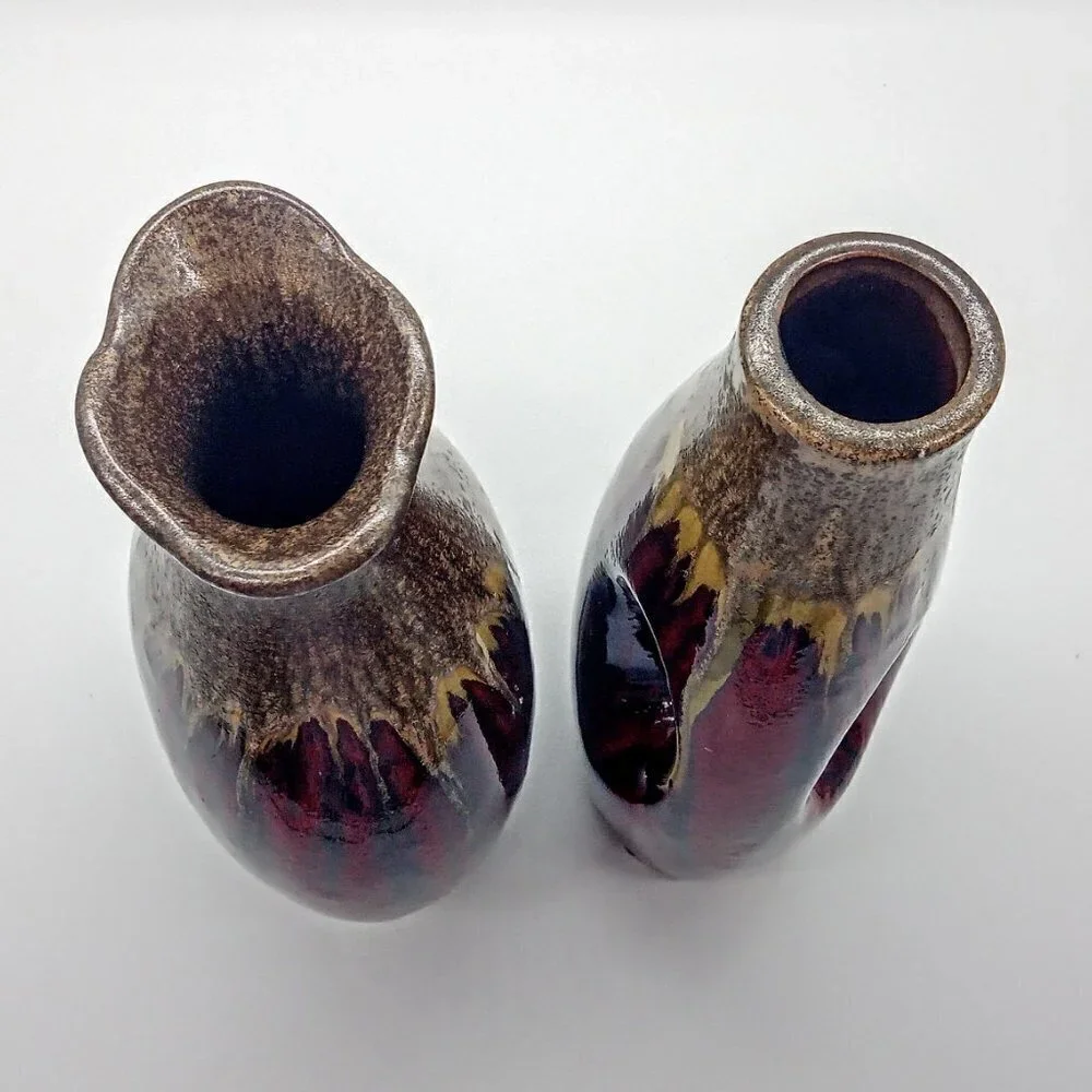 Set of 2 Red Gold Drip Glazed Pottery Vases